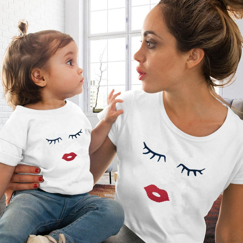 Eye Lashes & Red Lips Print Women and Kids T-shirt