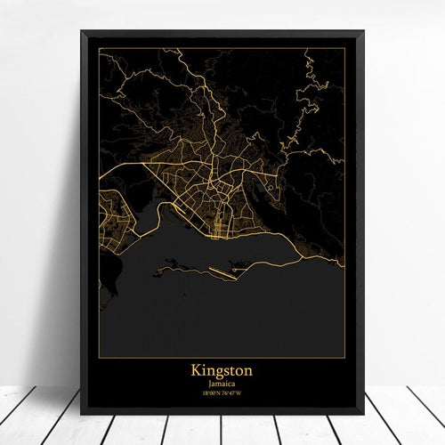 Kingston Jamaica city map Black and Gold City Map Modern City Canvas Art Print Wall Pictures for Living Room No Frame