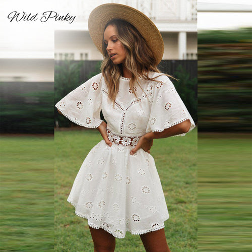 Flare sleeve cotton lace dress