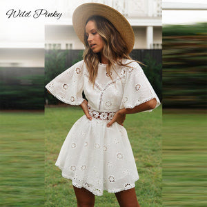Flare sleeve cotton lace dress