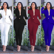 Load image into Gallery viewer, Full Sleeve Ruffles Blazers Pencil Pants Suit Two Piece Set