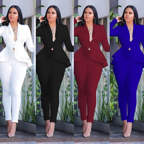 Full Sleeve Ruffles Blazers Pencil Pants Suit Two Piece Set