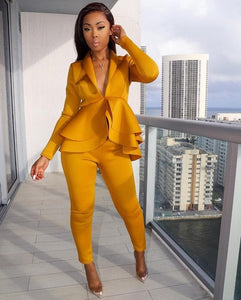 Full Sleeve Ruffles Blazers Pencil Pants Suit Two Piece Set