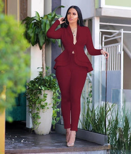 Full Sleeve Ruffles Blazers Pencil Pants Suit Two Piece Set