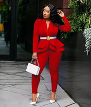 Load image into Gallery viewer, Full Sleeve Ruffles Blazers Pencil Pants Suit Two Piece Set