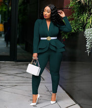 Load image into Gallery viewer, Full Sleeve Ruffles Blazers Pencil Pants Suit Two Piece Set