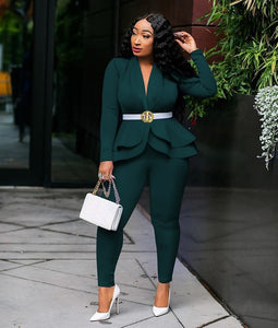 Full Sleeve Ruffles Blazers Pencil Pants Suit Two Piece Set