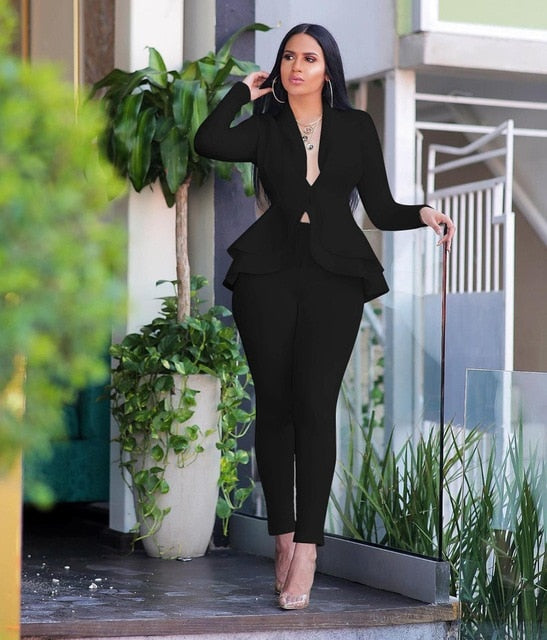 Full Sleeve Ruffles Blazers Pencil Pants Suit Two Piece Set
