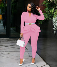 Load image into Gallery viewer, Full Sleeve Ruffles Blazers Pencil Pants Suit Two Piece Set