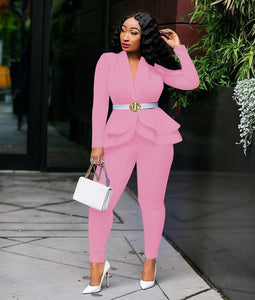 Full Sleeve Ruffles Blazers Pencil Pants Suit Two Piece Set
