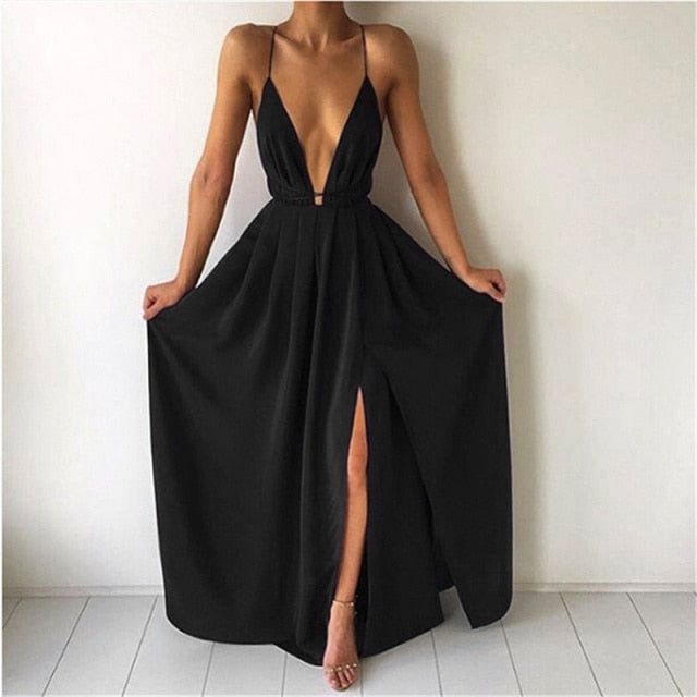 Deep V-Neck Sleeveless Spaghetti Strap Backless High Split Long Dress