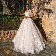 Load image into Gallery viewer, A Line V neck Lace Appliques Illusion Long Sleeves  Wedding Dress