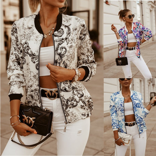 Flower Print Long Sleeve Women's Bomber Jacket
