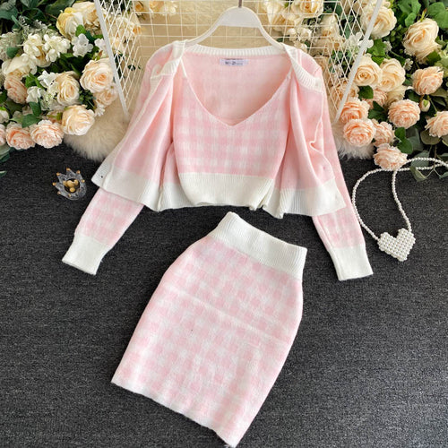 Knit Plaid Cardigans + Camisole + Skirts 3pcs Sets Girl