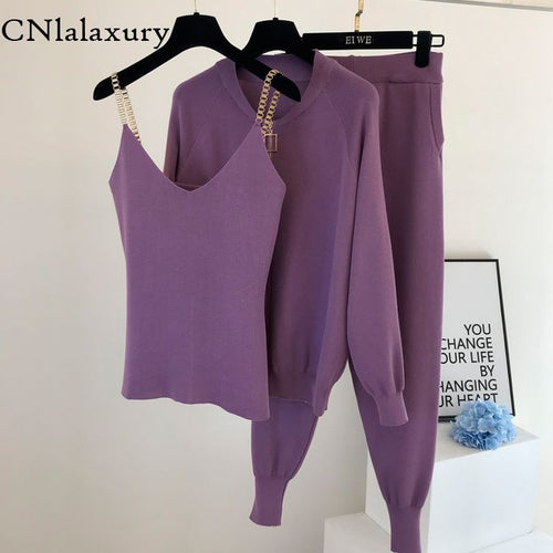 Knitted Long-sleeved Zip Jacket Cardigans + Tank Top +