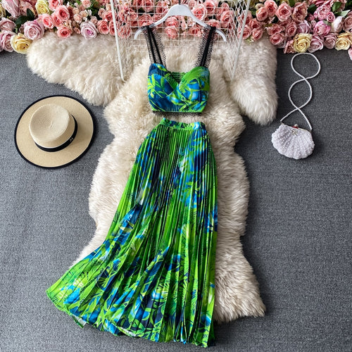 Floral Printed Short Strapless Tops And High Waist Pleated Long Skirt Suit