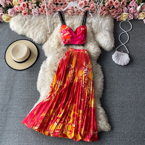 Floral Printed Short Strapless Tops And High Waist Pleated Long Skirt Suit