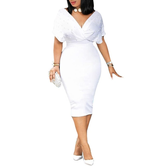 Beading Short Sleeve Ladies Midi Dress