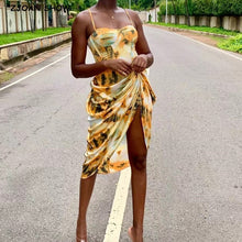 Load image into Gallery viewer, Women Vintage Yellow Tie dye Flower print  Spaghetti Strap Dress