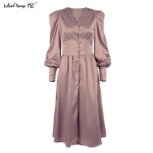 Load image into Gallery viewer, Puff Sleeve Satin Pleated Dress
