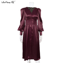 Load image into Gallery viewer, Puff Sleeve Satin Pleated Dress