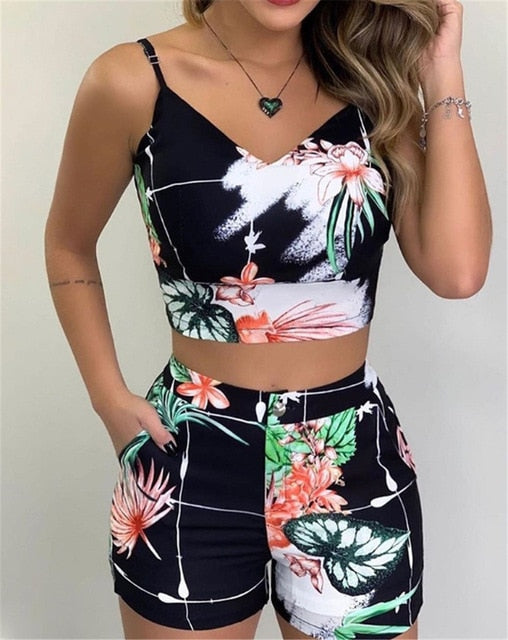 Floral Strap Tank Crop Top + High Waist Button Shorts