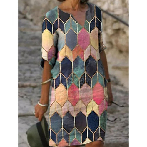 Half Sleeved V Neck Printed Loose Dress