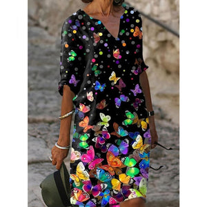 Half Sleeved V Neck Printed Loose Dress