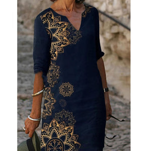 Half Sleeved V Neck Printed Loose Dress