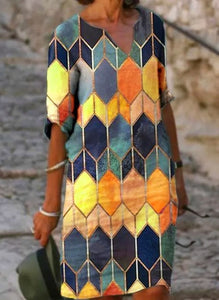 Half Sleeved V Neck Printed Loose Dress