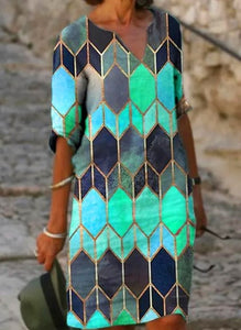 Half Sleeved V Neck Printed Loose Dress