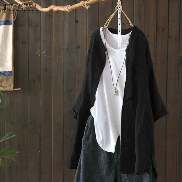 Cotton Tunic Casual Long Sleeve Shirt Button Cardigans