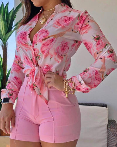Floral Printed Tie Knot Top Blouse