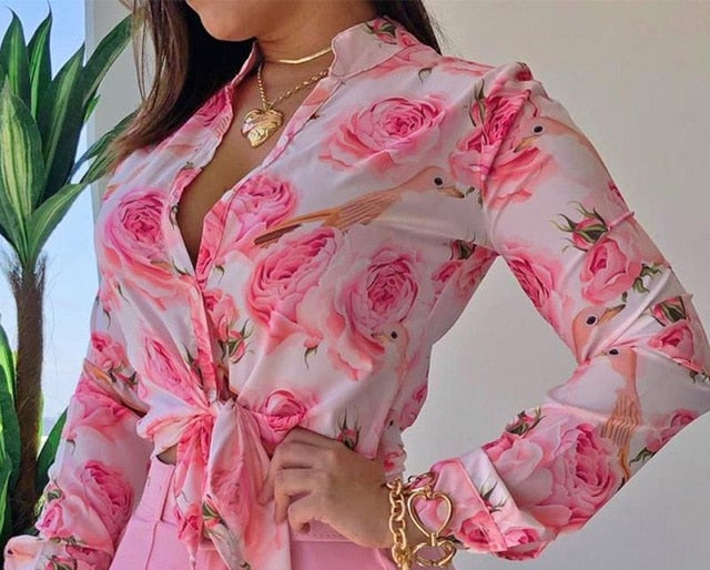 Floral Printed Tie Knot Top Blouse