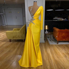 Load image into Gallery viewer, Gold Yellow One Shoulder Long Sleeve Prom Dresses Sexy Illusion Beading Chic Party Dress Long vestidos Zipper Back Evening Gowns