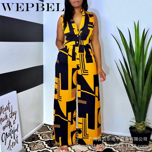 Casual Jumpsuit Sleeveless V Neck Print Romper Wide Leg Pants