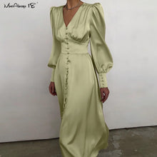 Load image into Gallery viewer, Puff Sleeve Satin Pleated Dress