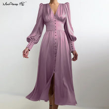 Load image into Gallery viewer, Puff Sleeve Satin Pleated Dress