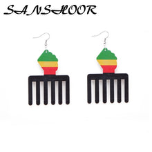 Load image into Gallery viewer, Rasta Afro Comb Wooden Earrings